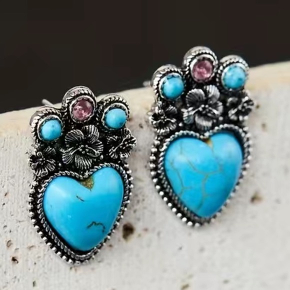 Heart Turquoise, Lab Created, Vintage Look Silver tone Hippie, Tribal Earrings - Picture 5 of 5